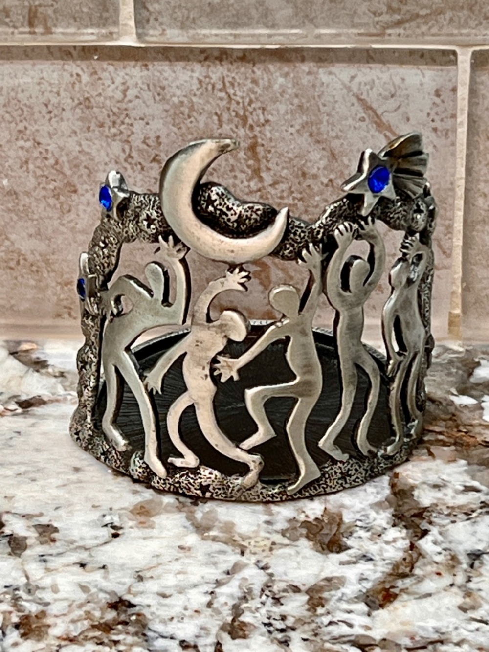 Vintage 1990s Pewter witchy style Crescent Moon and Stars Candleholder